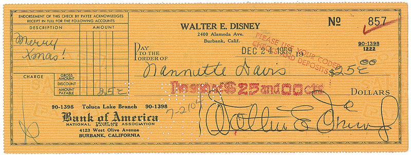 Lot 552 Walt Disney: A Christmas check from the animation legend