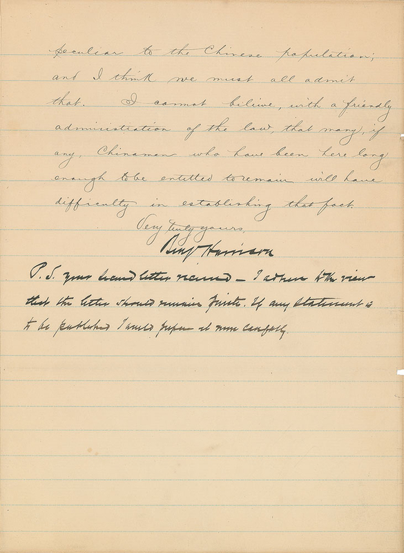 Lot 78 Benjamin Harrison: “We do not treat any other people as we do the Chinese”