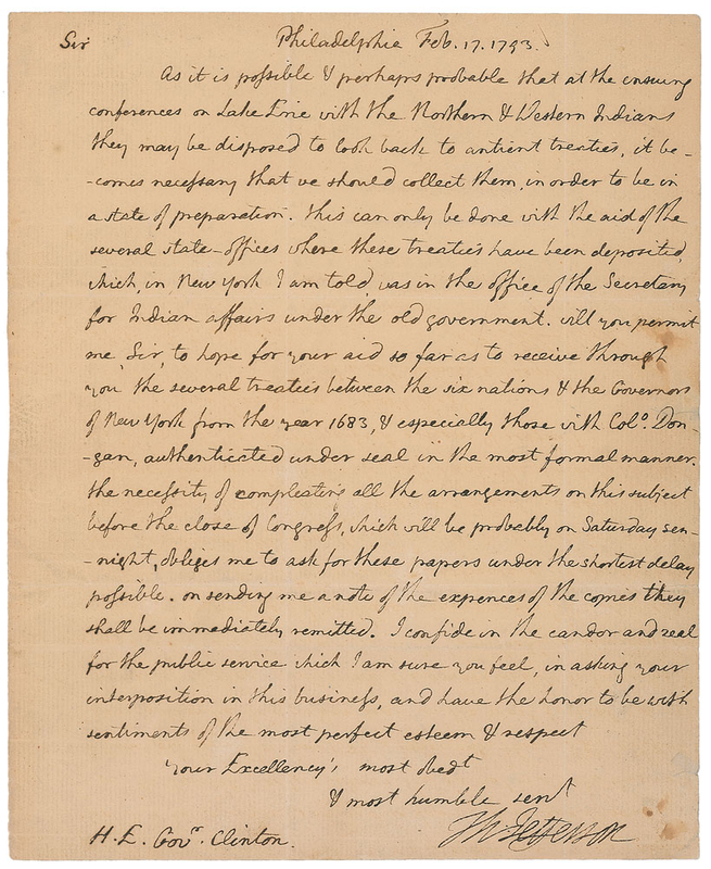 Lot 11 Thomas Jefferson: Secretary of State Jefferson prepares for “conferences on Lake Erie with the Northern & Western Indians,” who “may be disposed to look back to antient treaties”