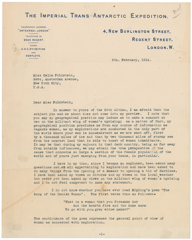 Lot 294 Ernest Shackleton: ?My explorations are conducted in the only part of the world where your sex is non-existent?