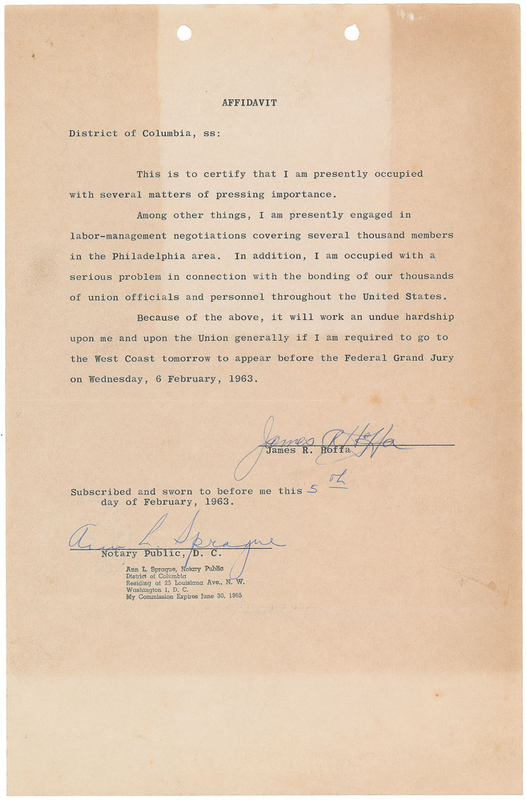Lot 233 Jimmy Hoffa: Hoffa seeks to postpone a 1963 subpoena related to intimidation charges