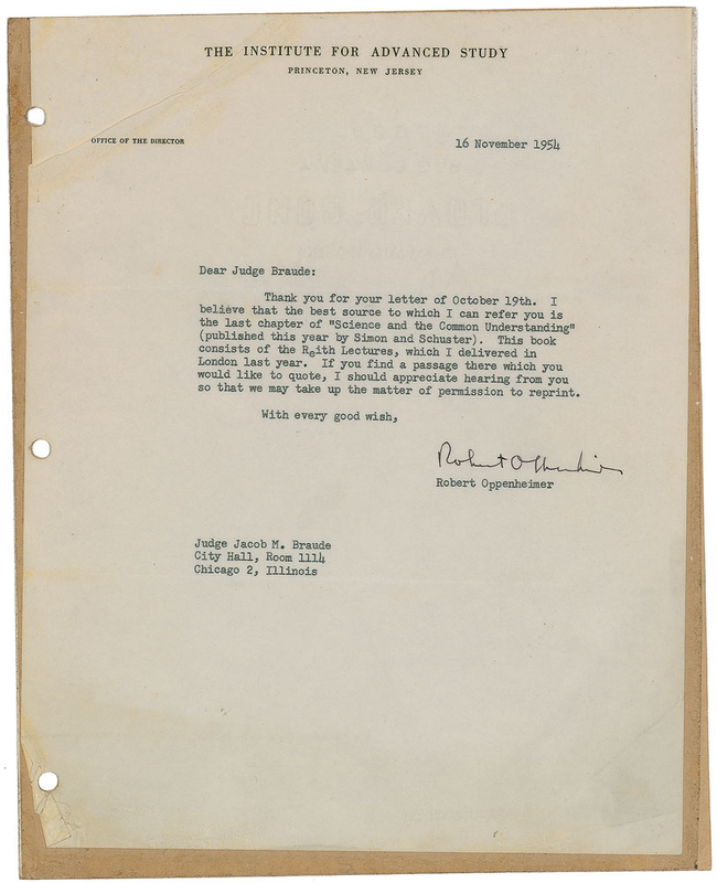 Lot 254 Robert Oppenheimer: Oppenheimer’s ‘Science and the Common Understanding’