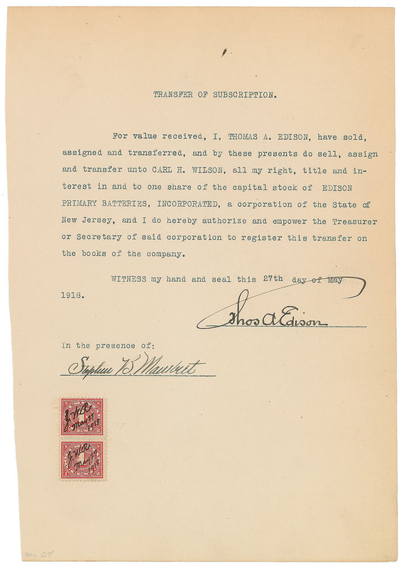 Lot 241 Thomas Edison: Selling stock of Edison Primary Batteries, Inc.