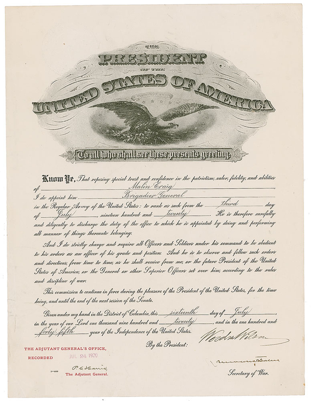 Lot 149 Woodrow Wilson: In the final year of his presidency, Wilson appoints an important brigadier general