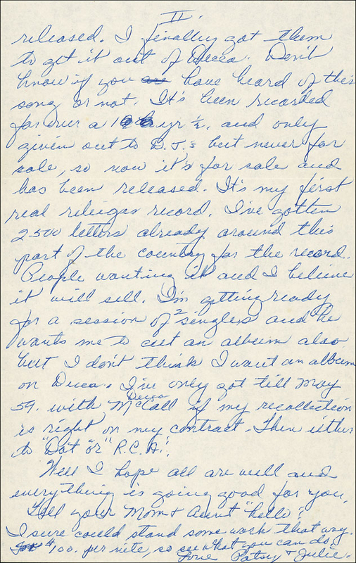 Lot 690 Patsy Cline: Uncommon 1958 handwritten letter from the new mother