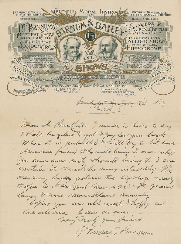 Lot 777 P. T. Barnum: Visually impressive letter from the revered showman