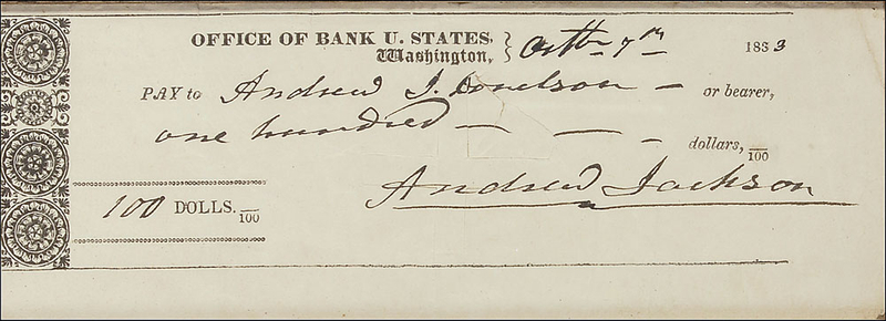 Lot 31 Andrew Jackson: Sought-after 1833 presidential bank check