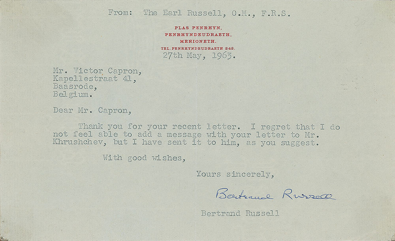 Lot 376 Bertrand Russell: Forwarding a letter to Khrushchev in 1963