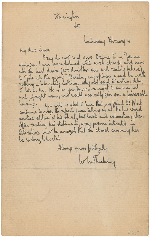 Lot 645 William Makepeace Thackeray: Thackeray declines to read an outline—”my opinions would be worth nothing—absolutely nothing”