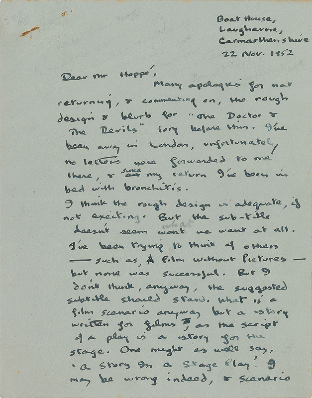 Lot 593 Dylan Thomas: The Welsh poet’s treatment of The Doctor & The Devils, “a gripping story about murder”