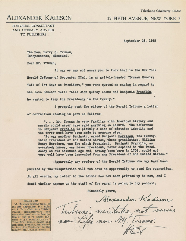 Lot 118 Harry S. Truman: Benjamin Harrison, not Franklin—“Tribune’s mistake, not mine”