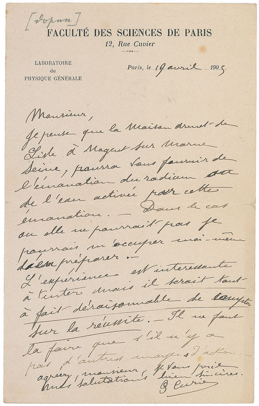 Lot 240 Pierre Curie: Curie’s advice on an experiment involving “some radium emanation and activated water for this emanation”