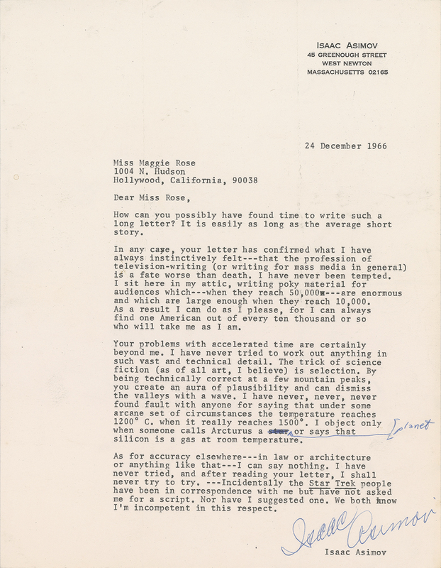 Lot 599 Isaac Asimov: “The trick of science fiction (as of all art, I believe) is selection”