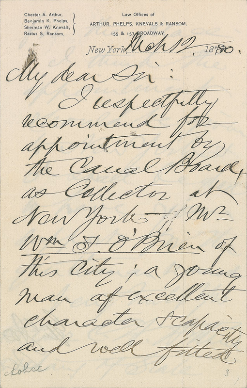 Lot 72 Chester A. Arthur Handwritten Letter Signed