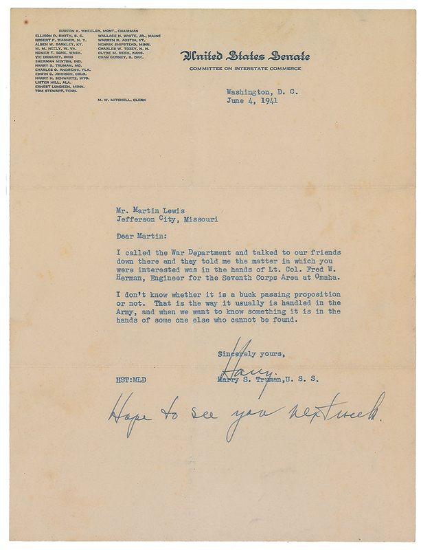 Lot 117 Harry S. Truman: “I don’t know whether it is a buck passing proposition or not”
