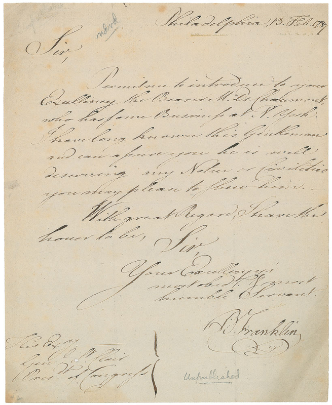 Lot 215 Benjamin Franklin: Franklin introduces the son of a French supporter of independence to the new Continental Congress president