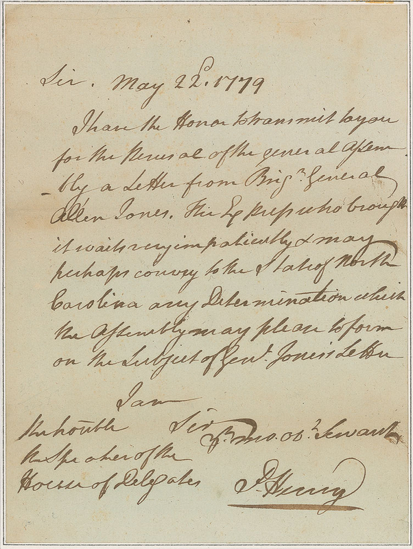 Lot 223 Patrick Henry: Scarce 1779 letter from Governor Henry not long after the Portsmouth raids