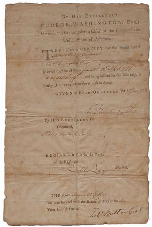 Lot #916 George Washington: 1783 Continental Army discharge awarding a Badge of Merit to Sergeant Samuel Collins - Image 2