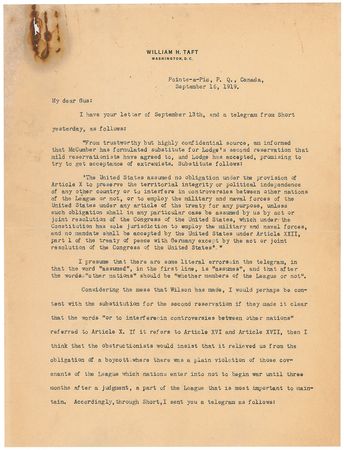 Lot #92 William H. Taft: “Wilson is paying the penalty now that he deserves for his utter indifference to the qualifications of men whom he selects” - Image 1