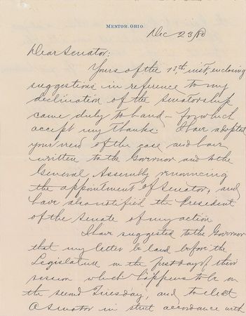 Lot #69 James A. Garfield: Elected president in 1880, Garfield submits his “declination of the senatorship” - Image 1