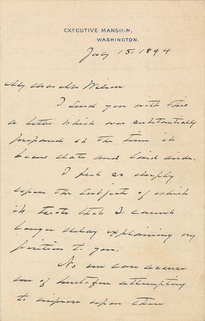 Lot #74 Grover Cleveland: “Subjection to any rate of tariff taxation, great or small, is alike violative of Democratic principle and Democratic good faith” - Image 1