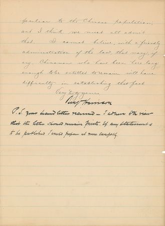 Lot #78 Benjamin Harrison: “We do not treat any other people as we do the Chinese” - Image 1