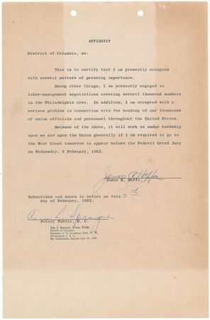 Lot #233 Jimmy Hoffa: Hoffa seeks to postpone a 1963 subpoena related to intimidation charges - Image 1