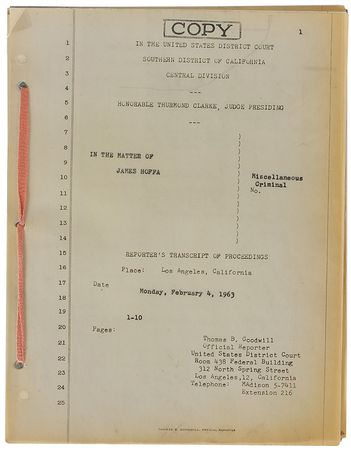 Lot #233 Jimmy Hoffa: Hoffa seeks to postpone a 1963 subpoena related to intimidation charges - Image 3