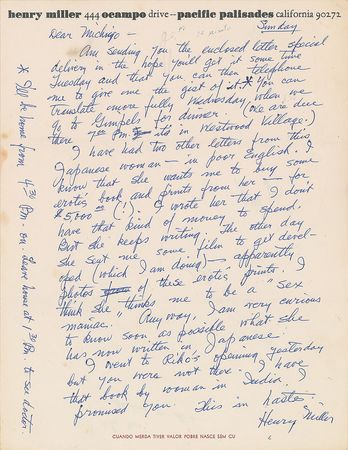 Lot #586 Henry Miller: Three handwritten letters from Miller, adding a lovely floral watercolor - Image 1