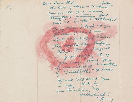 Lot #586 Henry Miller: Three handwritten letters from Miller, adding a lovely floral watercolor - Image 2
