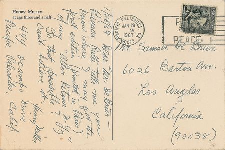 Lot #586 Henry Miller: Three handwritten letters from Miller, adding a lovely floral watercolor - Image 4