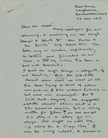 Lot #593 Dylan Thomas: The Welsh poet’s treatment of The Doctor & The Devils, “a gripping story about murder” - Image 1