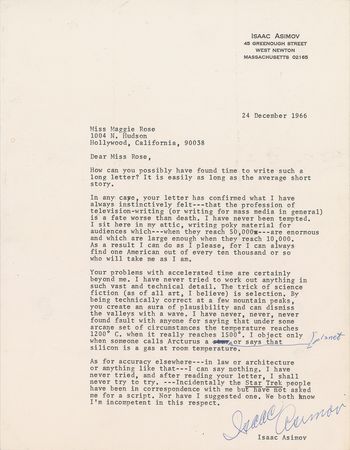Lot #599 Isaac Asimov: “The trick of science fiction (as of all art, I believe) is selection” - Image 1