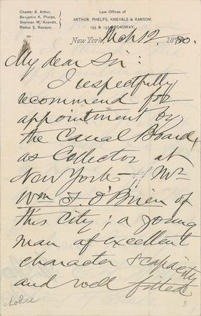 Lot #72 Chester A. Arthur Handwritten Letter Signed - Image 1