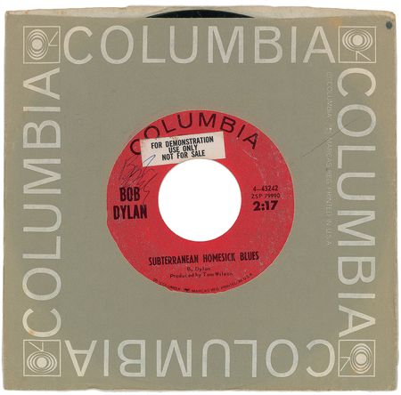 Lot #7125 Bob Dylan Signed ‘Subterranean Homesick Blues’ 45 RPM - Image 1