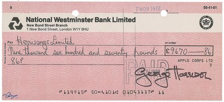 Lot #7029 George Harrison Signed Check