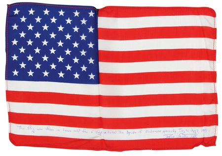 Lot #487 Apollo 15: Rarely seen oversized American flag, ?flown in lunar orbit for 6 days aboard the Apollo 15 Endeavor spaceship? - Image 1
