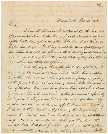Lot #199 Henry Clay: For the ?birth day of Washington,? Clay calls for a return to ?his great principles of peace and neutrality of avoiding all entangling alliances? - Image 1