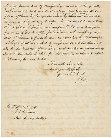 Lot #199 Henry Clay: For the ?birth day of Washington,? Clay calls for a return to ?his great principles of peace and neutrality of avoiding all entangling alliances? - Image 2