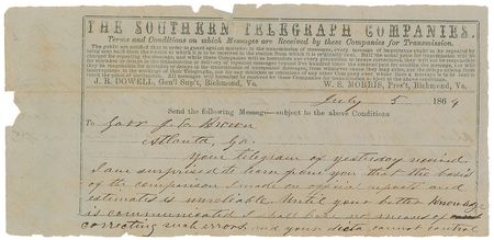 Lot #390 Jefferson Davis: Panic in the Confederacy as Sherman closes in on Atlanta - Image 1