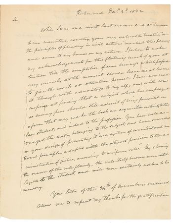 Lot #207 John Marshall: Chief Justice Marshall applauds a law professorfor his “Very valuable treatise ‘on the principlesof pleading in civil actions’” - Image 1