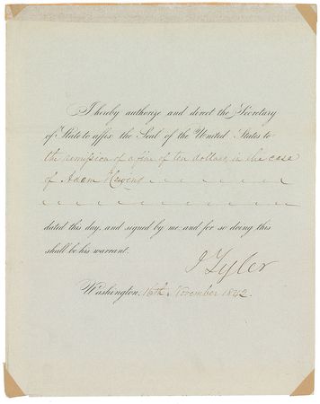 Lot #23 John Tyler Signed Document
