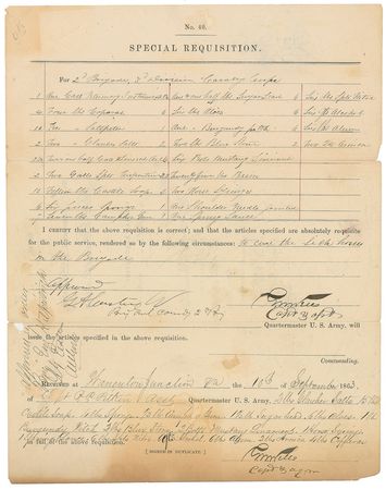 Lot #395 George A. Custer: Early Custer document from his first command, ordering supplies ?to care for the sick horses in the Brigade? - Image 1