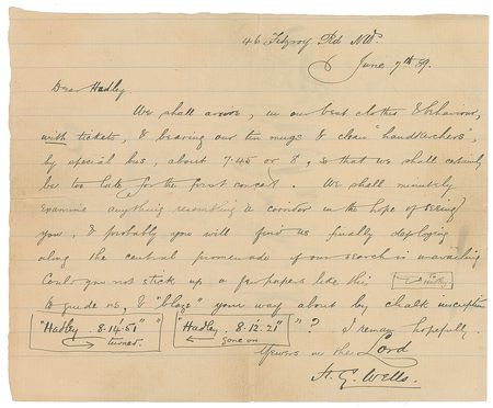 Lot #606 H. G. Wells: “We shall arrive, in our best clothes & behaviour,” the writer plans, “about 7:45 or 8, so that we shall certainly be too late for the first concert” - Image 1