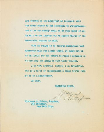 Lot #67 William H. Taft: “In respect to the threatened transfer of votes from me to Wilson, you are arguing the wrong angle, old man” - Image 8
