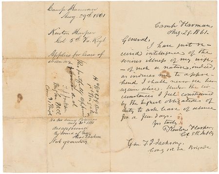 Lot #393 Thomas J. ?Stonewall? Jackson: Scarce 1861 endorsement from Stonewall, granting leave of absence to a worried husband - Image 1