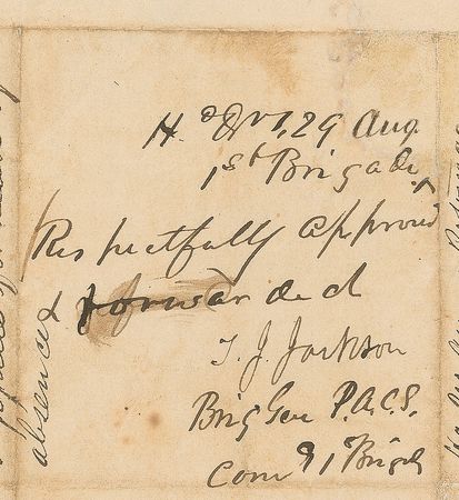 Lot #393 Thomas J. ?Stonewall? Jackson: Scarce 1861 endorsement from Stonewall, granting leave of absence to a worried husband - Image 2