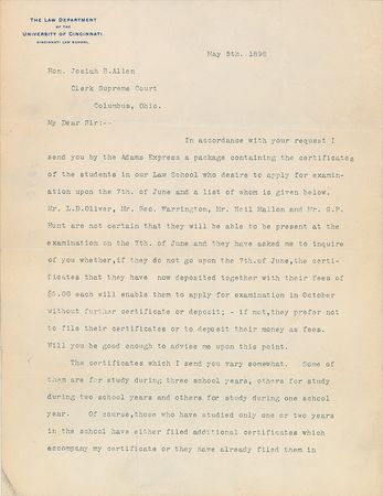 Lot #69 William H. Taft: Unusual 1898 Taft letter relating to “the students in our Law School who desire to apply for examination” - Image 1
