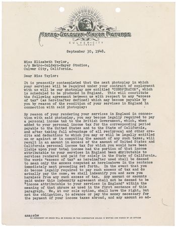 Lot #818 Elizabeth Taylor: Early signed MGM contract from the 16-year-old Taylor - Image 2