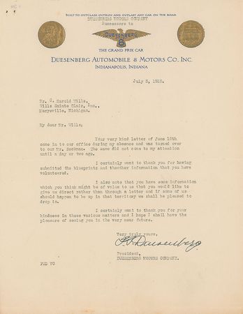 Lot #217 Frederick Duesenberg: Scarce 1925 luxury automobile correspondence - Image 1
